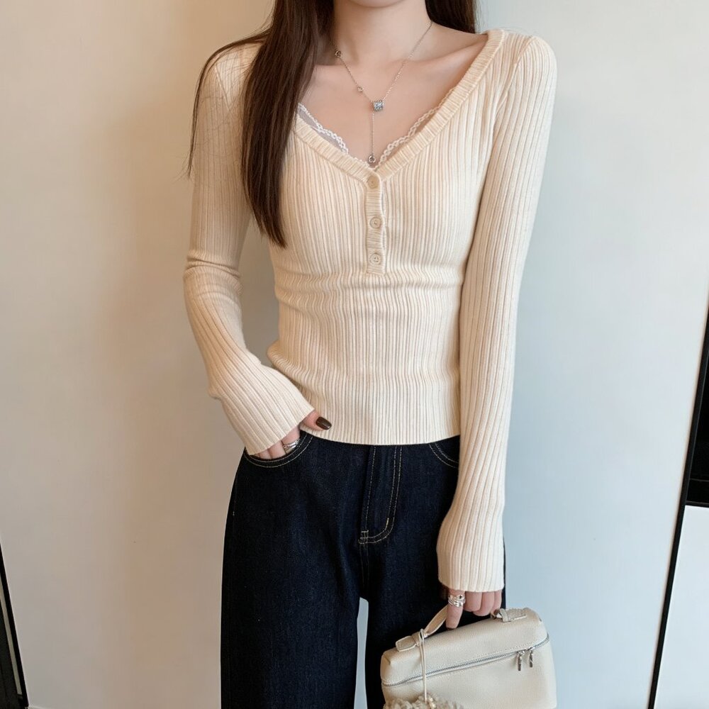 Soft Beige Ribbed V-Neck Button Knit Top Slim Fit Minimalist Long Sleeve